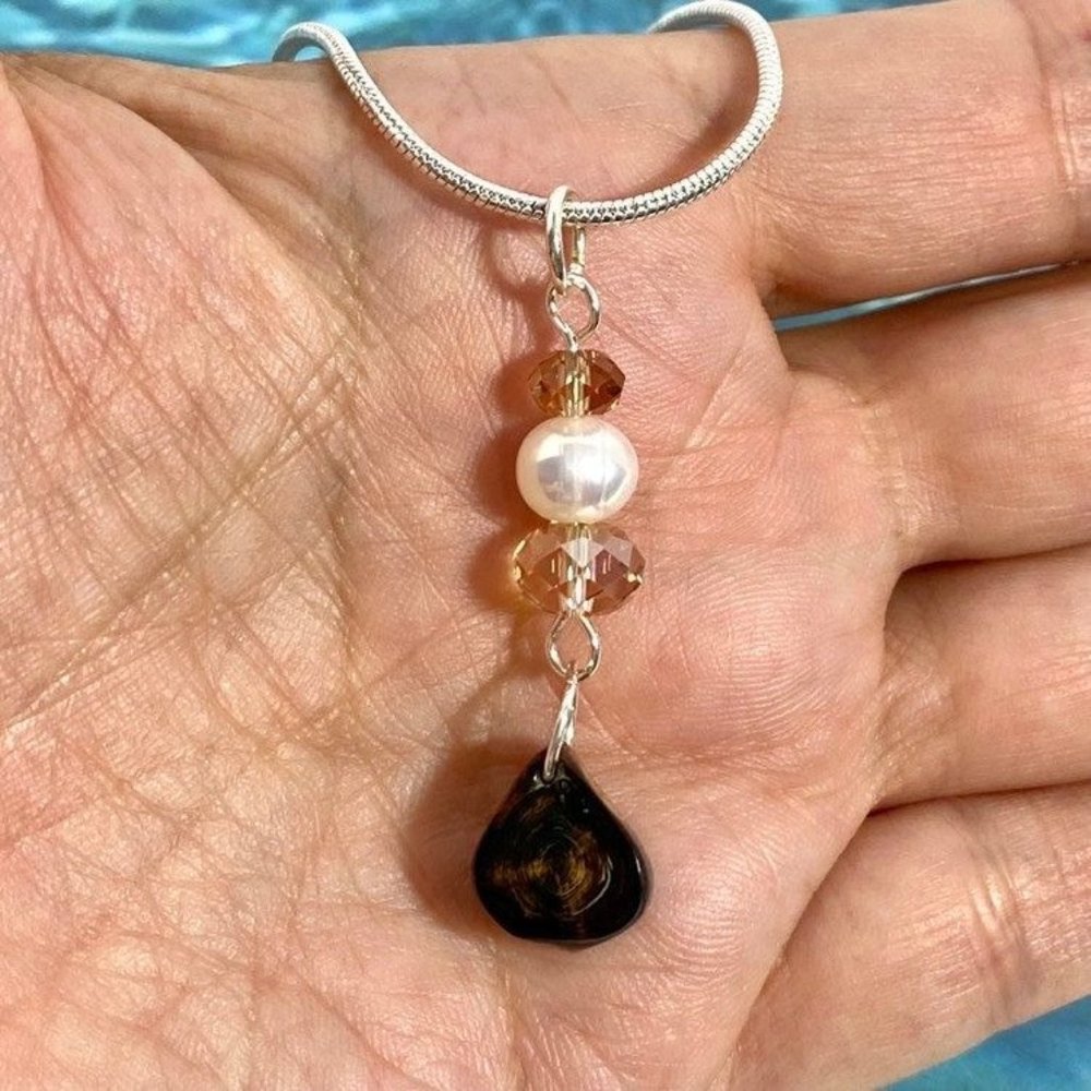 Pearl & Florida Black Coral Crystals Pendant Silver Tone Necklace Select Length